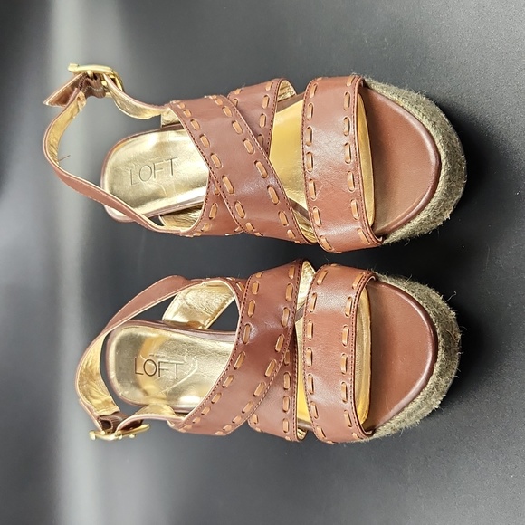 Loft Brown Leather Platform Heels Strappy Sandals Size 6 Espadrille Rope Detail - Picture 2 of 15